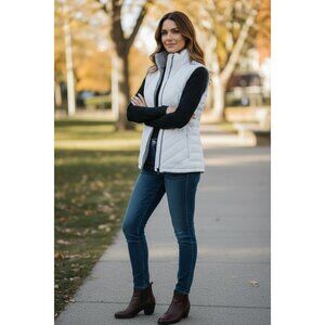 Free Country Women Reversible Sherpa Puffer Vest White Gray Zip Warm M Winter